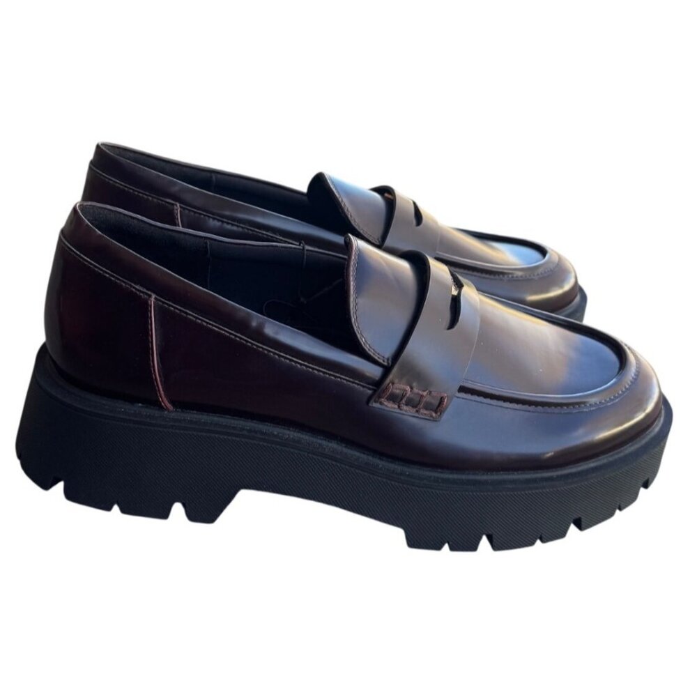 Zara Burgundy Chunky Faux Patent Leather Platform Loafers Lug Sole.Size 10